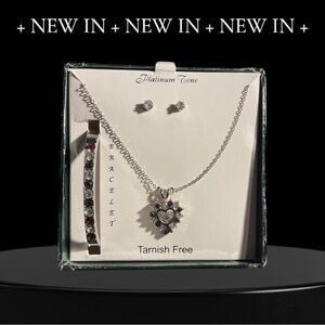 Platinum-Tone Heart Necklace, Bracelet & Stud Earrings Set (Tarnish Free)